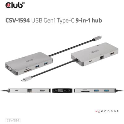 Club 3D Club3D USB-9-in1-HUB USB-C > HDMI/VGA/2xUSB/USB-C//SD (USB-C, 9 Ports), Dockingstation + USB Hub, Grau Club 3D Club3D USB-9-in1-HUB USB-C > HDMI/VGA/2xUSB/USB-C//SD (USB-C, 9 Ports), Dockingstation + USB Hub, Grau