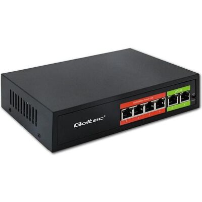Qoltec Przełącznik sieciowy SWITCH FAST Ethernet PoE 4x RJ45 2x RJ45 Uplink 65W 10/100Mb/s (6 Ports), Netzwerk Switch, Schwarz Qoltec Przełącznik sieciowy SWITCH FAST Ethernet PoE 4x RJ45 2x RJ45 Uplink 65W 10/100Mb/s (6 Ports), Netzwerk Switch, Schwarz