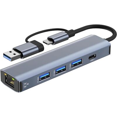 PowerGuard 5-in-1 USB-C & USB-A Hub mit Gigabit Ethernet Adapter (USB-A, USB-C, 5 Ports), Dockingstation + USB Hub, Grau PowerGuard 5-in-1 USB-C & USB-A Hub mit Gigabit Ethernet Adapter (USB-A, USB-C, 5 Ports), Dockingstation + USB Hub, Grau