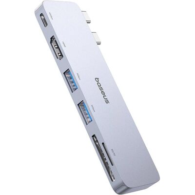 Baseus Hub 6in1 UltraJoy 2xUSB-C to USB-C+HDMI 4K@30Hz+2xUSB+SD/TF (grey) (USB-C, 6 Ports), Dockingstation + USB Hub, Grau, Silber Baseus Hub 6in1 UltraJoy 2xUSB-C to USB-C+HDMI 4K@30Hz+2xUSB+SD/TF (grey) (USB-C, 6 Ports), Dockingstation + USB Hub, Grau, Silber