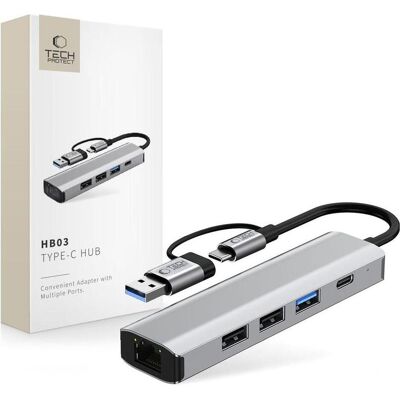 Tech-Protect HB03 HUB Adapter 5in1 USB-C + USB2.0 + USB3.0 + RJ45 - gray (USB-A, USB-C, 5 Ports), Dockingstation + USB Hub, Silber, Grau Tech-Protect HB03 HUB Adapter 5in1 USB-C + USB2.0 + USB3.0 + RJ45 - gray (USB-A, USB-C, 5 Ports), Dockingstation + USB Hub, Silber, Grau