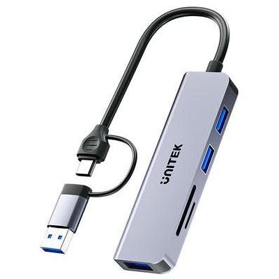 Unitek HUB USB uHUB P5+ 1x SD 1x microSD + 3x USB-A 2.0 (H1320AGY01) (USB-A, 5 Ports), Dockingstation + USB Hub, Grau Unitek HUB USB uHUB P5+ 1x SD 1x microSD + 3x USB-A 2.0 (H1320AGY01) (USB-A, 5 Ports), Dockingstation + USB Hub, Grau