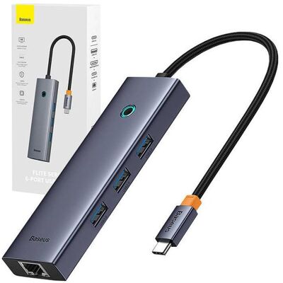 Baseus Hub 6w1 UltraJoy 6-Port ( USB-C to 1xHDMI4K@30Hz + 3xUSB 3.0 + 1xPD +RJ45) (USB-C, 6 Ports), Dockingstation + USB Hub, Grau Baseus Hub 6w1 UltraJoy 6-Port ( USB-C to 1xHDMI4K@30Hz + 3xUSB 3.0 + 1xPD +RJ45) (USB-C, 6 Ports), Dockingstation + USB Hub, Grau