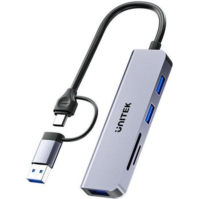 Unitek HUB USB uHUB P5+ 1x SD 1x microSD + 3x USB-A 2.0 (H1320AGY01) (USB-A, 5 Ports), Dockingstation + USB Hub, Grau Unitek HUB USB uHUB P5+ 1x SD 1x microSD + 3x USB-A 2.0 (H1320AGY01) (USB-A, 5 Ports), Dockingstation + USB Hub, Grau