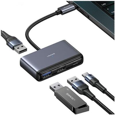 Usams US-SJ627 4in1 Multifunctional Type-C HUB Type-C*1+USB3.0*1+USB 2.0*2 (USB-C, 4 Ports), Dockingstation + USB Hub, Grau Usams US-SJ627 4in1 Multifunctional Type-C HUB Type-C*1+USB3.0*1+USB 2.0*2 (USB-C, 4 Ports), Dockingstation + USB Hub, Grau