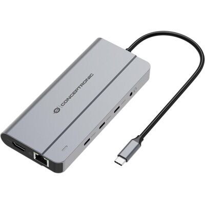 Conceptronic 10-1 Dock USB-C->HDMI/2xUSB-A/3xUSB-C/100WPD (USB-C, 10 Ports), Dockingstation + USB Hub, Grau Conceptronic 10-1 Dock USB-C->HDMI/2xUSB-A/3xUSB-C/100WPD (USB-C, 10 Ports), Dockingstation + USB Hub, Grau