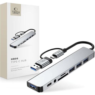 Tech-Protect HB06 HUB Adapter 8in1 TYPE-C + USB2.0 + USB3.0 + SD/TF + AV3.5 - gray (USB-A, USB-C, 8 Ports), Dockingstation + USB Hub, Grau Tech-Protect HB06 HUB Adapter 8in1 TYPE-C + USB2.0 + USB3.0 + SD/TF + AV3.5 - gray (USB-A, USB-C, 8 Ports), Dockingstation + USB Hub, Grau