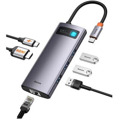 Baseus Metal Gleam (USB-C, 6 Ports), Dockingstation + USB Hub, Grau Baseus Metal Gleam (USB-C, 6 Ports), Dockingstation + USB Hub, Grau