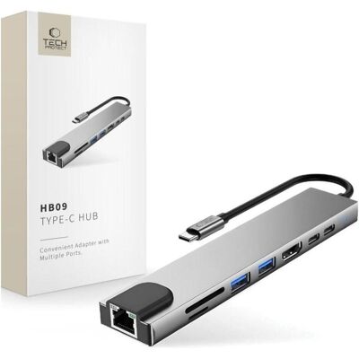 Tech-Protect HB09 USB-Hub 8-in-1 (USB-C + USB-A 3.0 + USB-C 3.0 + HDMI 4K 60Hz + SD/TF + PD 100W + R (USB-C, 8 Ports), Dockingstation + USB Hub, Silber, Grau Tech-Protect HB09 USB-Hub 8-in-1 (USB-C + USB-A 3.0 + USB-C 3.0 + HDMI 4K 60Hz + SD/TF + PD 100W + R (USB-C, 8 Ports), Dockingstation + USB Hub, Silber, Grau