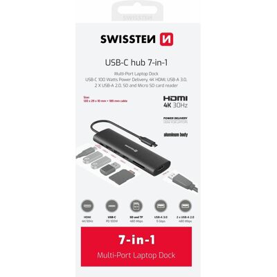 Swissten USB-C Hub 7-In-1 (USB-C 100W, Hdmi 4K, 1X USB-A 3.0, 2X USB-A 2.0, SD, Micro SD) Aluminium (USB-C, 7 Ports), Dockingstation + USB Hub, Silber Swissten USB-C Hub 7-In-1 (USB-C 100W, Hdmi 4K, 1X USB-A 3.0, 2X USB-A 2.0, SD, Micro SD) Aluminium (USB-C, 7 Ports), Dockingstation + USB Hub, Silber