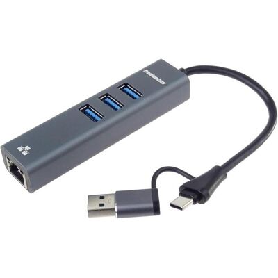 PremiumCord Adaptér USB-C a USB-A na Gigabit 10/100/1000Mbps + 3x USB 3.2 konektor (USB-A, USB-C, 3 Ports), Dockingstation + USB Hub, Schwarz PremiumCord Adaptér USB-C a USB-A na Gigabit 10/100/1000Mbps + 3x USB 3.2 konektor (USB-A, USB-C, 3 Ports), Dockingstation + USB Hub, Schwarz