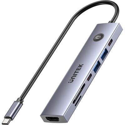 Unitek HUB USB-C 7W1 PD 100W HDMI 2.0 Z PRZYCISKIEM ON/OFF (USB-B, USB-C, 7 Ports), Dockingstation + USB Hub, Grau, Silber Unitek HUB USB-C 7W1 PD 100W HDMI 2.0 Z PRZYCISKIEM ON/OFF (USB-B, USB-C, 7 Ports), Dockingstation + USB Hub, Grau, Silber