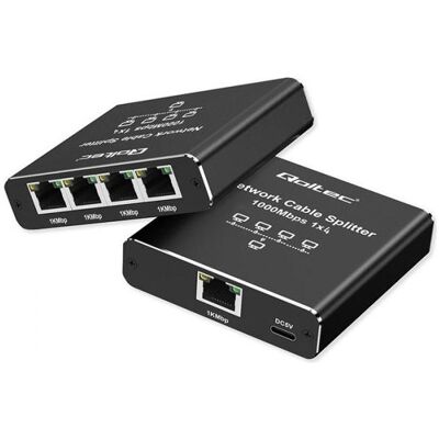 Qoltec Rozdzielacz splitter Ethernet mini SWITCH 1x4 RJ45 1000Mb/s USB-C Aluminium (4 Ports), Netzwerk Switch, Schwarz Qoltec Rozdzielacz splitter Ethernet mini SWITCH 1x4 RJ45 1000Mb/s USB-C Aluminium (4 Ports), Netzwerk Switch, Schwarz