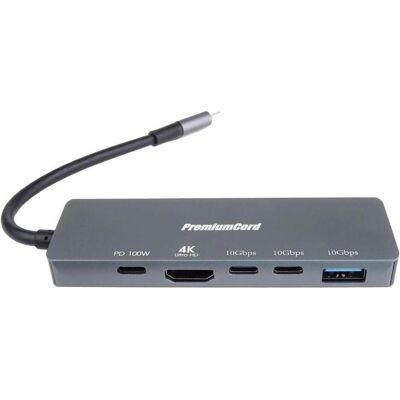 PremiumCord Adaptér USB-C na 4K@60Hz HDMI + 10G USB3.2 A + 10G 2x USB-C + PD (USB-C), Dockingstation + USB Hub, Schwarz PremiumCord Adaptér USB-C na 4K@60Hz HDMI + 10G USB3.2 A + 10G 2x USB-C + PD (USB-C), Dockingstation + USB Hub, Schwarz