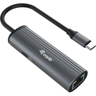 Equip Adapter USB-C -> 10/100/1000 +PD Adapter gr (USB-C, 2 Ports), Dockingstation + USB Hub, Schwarz, Grau Equip Adapter USB-C -> 10/100/1000 +PD Adapter gr (USB-C, 2 Ports), Dockingstation + USB Hub, Schwarz, Grau
