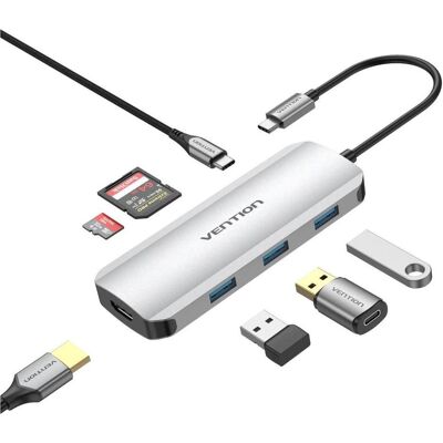 Vention Tojhb (USB-C, 7 Ports), Dockingstation + USB Hub, Grau, Silber Vention Tojhb (USB-C, 7 Ports), Dockingstation + USB Hub, Grau, Silber