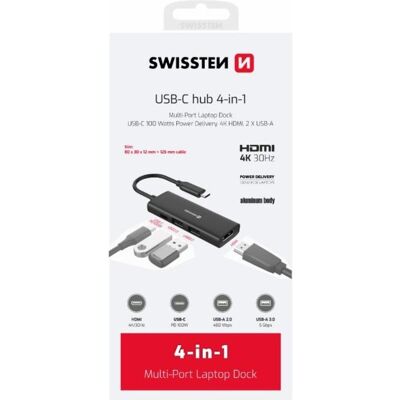 Swissten USB-C Hub 4-In-1 (USB-C 100W, Hdmi 4K, 2X USB-A) Aluminium (USB-C, 4 Ports), Dockingstation + USB Hub, Silber Swissten USB-C Hub 4-In-1 (USB-C 100W, Hdmi 4K, 2X USB-A) Aluminium (USB-C, 4 Ports), Dockingstation + USB Hub, Silber