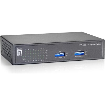 LevelOne FEP-1600W90 16-Port Fast Ethernet PoE Switch 90W (16 Ports), Netzwerk Switch, Grau LevelOne FEP-1600W90 16-Port Fast Ethernet PoE Switch 90W (16 Ports), Netzwerk Switch, Grau