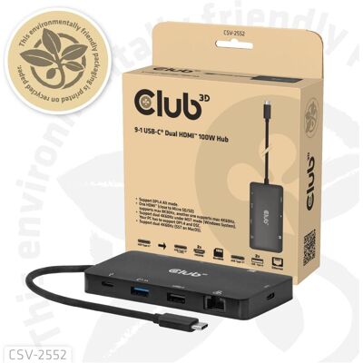 Club 3D Club3D USB-C 9in1-HUB >2xHDMI/2xUSB/USB-C/LAN 4K60Hz PD100W retail (USB-C, 9 Ports), Dockingstation + USB Hub, Schwarz Club 3D Club3D USB-C 9in1-HUB >2xHDMI/2xUSB/USB-C/LAN 4K60Hz PD100W retail (USB-C, 9 Ports), Dockingstation + USB Hub, Schwarz