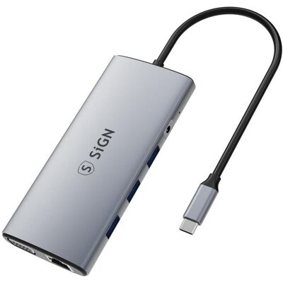 SiGN 11-in-1 hub USB-C to HDMI/VGA/RJ45/USB-C/USB-A/SD/TF/3.5mm - Silver (USB-C, 11 Ports), Dockingstation + USB Hub, Silber SiGN 11-in-1 hub USB-C to HDMI/VGA/RJ45/USB-C/USB-A/SD/TF/3.5mm - Silver (USB-C, 11 Ports), Dockingstation + USB Hub, Silber