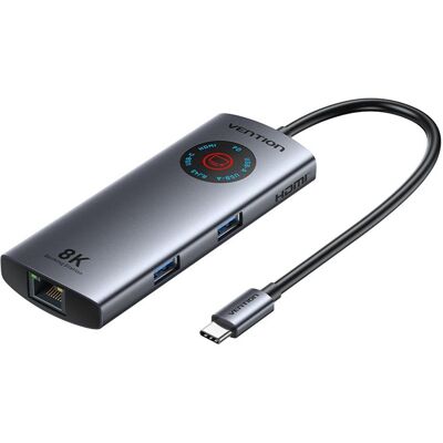 Vention Stacja dokująca USB-C 6w1 8K 30Hz 100W PD z wyświetlaczem LED (USB-C, 6 Ports), Dockingstation + USB Hub, Grau Vention Stacja dokująca USB-C 6w1 8K 30Hz 100W PD z wyświetlaczem LED (USB-C, 6 Ports), Dockingstation + USB Hub, Grau