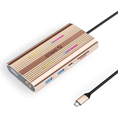 Orico USB-C XDR 12-in-1 RGB Dockingstation USB-A USB-C 2x HDMI 4K (USB-C, 12 Ports), Dockingstation + USB Hub, Rosa, Gold Orico USB-C XDR 12-in-1 RGB Dockingstation USB-A USB-C 2x HDMI 4K (USB-C, 12 Ports), Dockingstation + USB Hub, Rosa, Gold