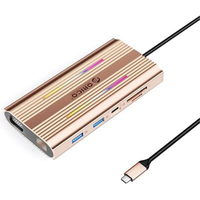 Orico USB-C 12w1 RGB 3x USB-A USB-C PD 100W HDMI 4K VGA RJ45 Gigabit - różowo-złota (USB-C, 12 Ports), Dockingstation + USB Hub, Gold, Rosa Orico USB-C 12w1 RGB 3x USB-A USB-C PD 100W HDMI 4K VGA RJ45 Gigabit - różowo-złota (USB-C, 12 Ports), Dockingstation + USB Hub, Gold, Rosa