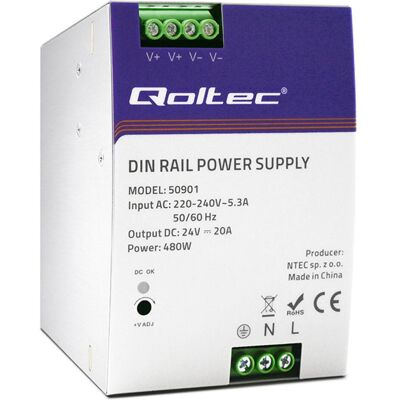 Qoltec 50901 Industrielles DIN-Schienen-Netzteil 480W 24V 20A (480 W), PC Netzteil, Silber Qoltec 50901 Industrielles DIN-Schienen-Netzteil 480W 24V 20A (480 W), PC Netzteil, Silber