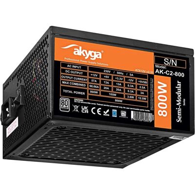 Akyga Power Supply ATX 800W AK-C2-800 Semi-Modular P4+4 2x PCI-E 6+2 pin 6x SATA 3x Molex FAN 12cm (800 W), PC Netzteil, Schwarz Akyga Power Supply ATX 800W AK-C2-800 Semi-Modular P4+4 2x PCI-E 6+2 pin 6x SATA 3x Molex FAN 12cm (800 W), PC Netzteil, Schwarz
