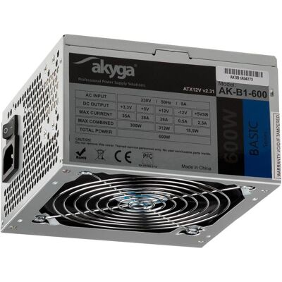 Akyga Basic ATX Power Supply 600W AK-B1-600 Fan12cm P4 3xSATA PCI-E (600 W), PC Netzteil, Grau Akyga Basic ATX Power Supply 600W AK-B1-600 Fan12cm P4 3xSATA PCI-E (600 W), PC Netzteil, Grau