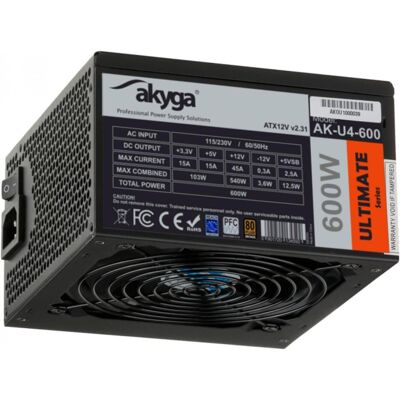 Akyga Ultimatives ATX-Netzteil 600 W AK-U4-600 80 PLUS Bronze PCI-E PFC (600 W), PC Netzteil, Schwarz Akyga Ultimatives ATX-Netzteil 600 W AK-U4-600 80 PLUS Bronze PCI-E PFC (600 W), PC Netzteil, Schwarz
