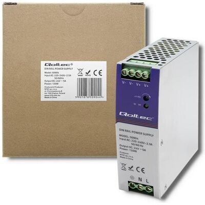 Qoltec 50904 Industrielles DIN-Schienen-Netzteil 120W 24V 5A (120 W), PC Netzteil, Silber Qoltec 50904 Industrielles DIN-Schienen-Netzteil 120W 24V 5A (120 W), PC Netzteil, Silber