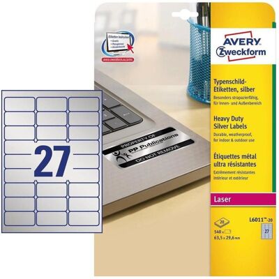 Avery L6011-20 Silber Laser Polyester Etiketten - Etiketten Avery L6011-20 Silber Laser Polyester Etiketten - Etiketten
