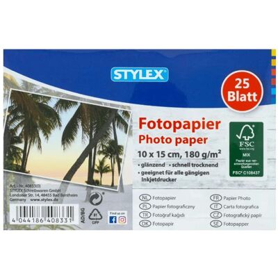 Stylex Fotopapier 10x15 cm,180g,25 Blatt, FSC40833 (180 g/m², 10 x 15 cm, 25 Stk.), Fotopapier, Weiss Stylex Fotopapier 10x15 cm,180g,25 Blatt, FSC40833 (180 g/m², 10 x 15 cm, 25 Stk.), Fotopapier, Weiss