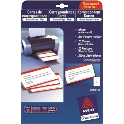 Avery Dennison, Kopierpapier, Quick&Clean - Weiss - 99 x 210 mm - 220 g/m² - 75 Karte(n) (25 Bogen x 3) Visitenkarten (A4) Avery Dennison, Kopierpapier, Quick&Clean - Weiss - 99 x 210 mm - 220 g/m² - 75 Karte(n) (25 Bogen x 3) Visitenkarten (A4)