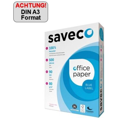 Saveco, Kopierpapier, Kopierpapier weiss A3 80g ISO 90 Recyclingpapier Blue 500Bl./Pack (A3, 80 g/m²) Saveco, Kopierpapier, Kopierpapier weiss A3 80g ISO 90 Recyclingpapier Blue 500Bl./Pack (A3, 80 g/m²)