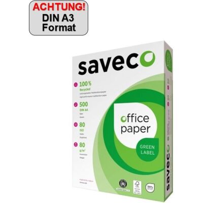 Saveco, Kopierpapier, Kopierpapier weiss A3 80g ISO 80 Recyclingpapier Green 500Bl./Pack. (A3, 80 g/m²) Saveco, Kopierpapier, Kopierpapier weiss A3 80g ISO 80 Recyclingpapier Green 500Bl./Pack. (A3, 80 g/m²)