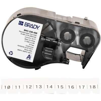 Brady, Etikettenrolle, M4C-240-498, wiederablösbares Vinylgewebe, Schwarz auf weiss, 6.10 mm x 4.88 m, Endlos Brady, Etikettenrolle, M4C-240-498, wiederablösbares Vinylgewebe, Schwarz auf weiss, 6.10 mm x 4.88 m, Endlos