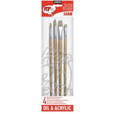 Pebeo, Pinsel, Set 4 Langstielige Pinsel Borstenpinsel Rund Weiss + Flach Pebeo, Pinsel, Set 4 Langstielige Pinsel Borstenpinsel Rund Weiss + Flach