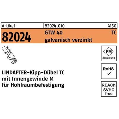 Lindapter, Dübel, Kippdübel R 82024 GTW 40 TC TC 8 galvanisch verzinkt (1 Stk.) Lindapter, Dübel, Kippdübel R 82024 GTW 40 TC TC 8 galvanisch verzinkt (1 Stk.)