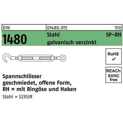 Zubehör Kette + Seil, Spannschloss DIN 1480 offen m.Ringöse/Haken SP-RH M 16 Stahl 3.6 galvanisch verzinkt galvanisch v... Zubehör Kette + Seil, Spannschloss DIN 1480 offen m.Ringöse/Haken SP-RH M 16 Stahl 3.6 galvanisch verzinkt galvanisch v...