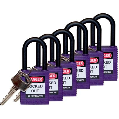 Brady, Vorhängeschloss, Standard Nylon-Sicherheitsschloss mit Nylonbügel, Violett, 38mm Bügelhöhe, 6,5mm Bügeldurchm Brady, Vorhängeschloss, Standard Nylon-Sicherheitsschloss mit Nylonbügel, Violett, 38mm Bügelhöhe, 6,5mm Bügeldurchm