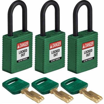 Brady, Vorhängeschloss, Safekey Nylon-Sicherheitsschloss mit Nylonbügel, Grün, 38 mm Bügelhöhe, 6.4 mm Bügeldurchmes Brady, Vorhängeschloss, Safekey Nylon-Sicherheitsschloss mit Nylonbügel, Grün, 38 mm Bügelhöhe, 6.4 mm Bügeldurchmes