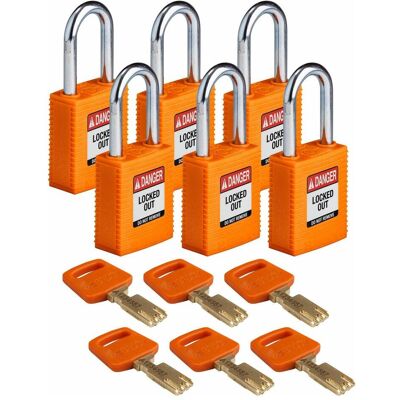 Brady, Vorhängeschloss, Safekey Nylon-Sicherheitsschloss mit Stahlbügel, Orange, 38 mm Bügelhöhe, 6.4 mm Bügeldurchm Brady, Vorhängeschloss, Safekey Nylon-Sicherheitsschloss mit Stahlbügel, Orange, 38 mm Bügelhöhe, 6.4 mm Bügeldurchm