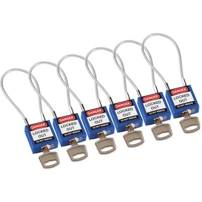 Brady, Vorhängeschloss, kompaktes Sicherheitsschloss Nylon mit Kabelbgel, Blau, 200mm Kabellnge, 4,7mm PVC-beschic Brady, Vorhängeschloss, kompaktes Sicherheitsschloss Nylon mit Kabelbgel, Blau, 200mm Kabellnge, 4,7mm PVC-beschic