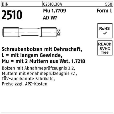SanDisk Schrauben, DIN 2510 Form L Dehnschraube M12x100 1.7709 (21CrMoV5-7) blank m. 2 Muttern SanDisk Schrauben, DIN 2510 Form L Dehnschraube M12x100 1.7709 (21CrMoV5-7) blank m. 2 Muttern