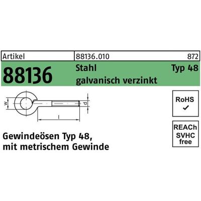 Reyher, Dübel, Gewindeöse R 88136 Typ 48 M 4 x 10 D 6 Stahl galvanisch verzinkt (100 Stk.) Reyher, Dübel, Gewindeöse R 88136 Typ 48 M 4 x 10 D 6 Stahl galvanisch verzinkt (100 Stk.)