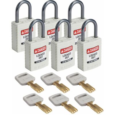 Brady, Vorhängeschloss, Safekey Kompaktes Nylon-Sicherheitsschloss mit Aluminiumbügel, Weiss, 25 mm Bügelhöhe, 4.7 mm Brady, Vorhängeschloss, Safekey Kompaktes Nylon-Sicherheitsschloss mit Aluminiumbügel, Weiss, 25 mm Bügelhöhe, 4.7 mm