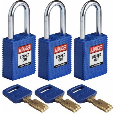 Brady, Vorhängeschloss, Safekey Nylon-Sicherheitsschloss mit Stahlbügel, Blau, 38 mm Bügelhöhe, 6.4 mm Bügeldurchmes Brady, Vorhängeschloss, Safekey Nylon-Sicherheitsschloss mit Stahlbügel, Blau, 38 mm Bügelhöhe, 6.4 mm Bügeldurchmes