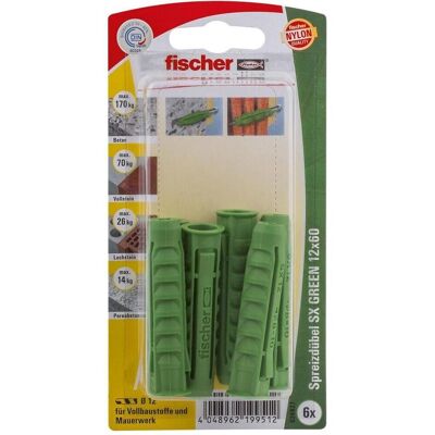 Fischer, Dübel, 524827 Spreizdübel 12x60 K, Inhalt: 6 x Dübel SX Green 12 x 60 (6 Stk.) Fischer, Dübel, 524827 Spreizdübel 12x60 K, Inhalt: 6 x Dübel SX Green 12 x 60 (6 Stk.)